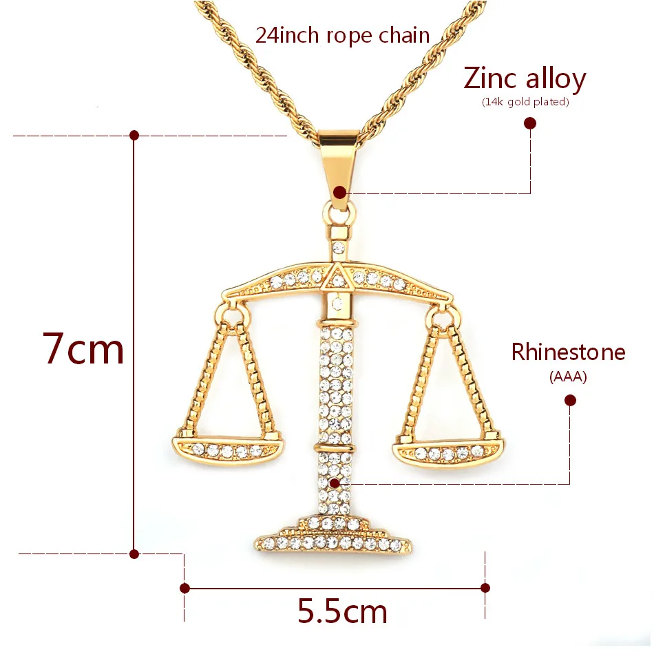 Balance Libra Scale Pendant Bling Rhinestone Crystal Men Hip Hop Necklace Punk Jewelry Street Rock