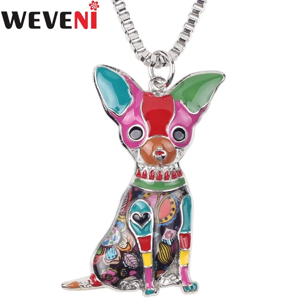 WEVENI Statement Sitting Chihuahua Dog Necklace Pendants Souvenir Enamel Collar Chain New Fashion Animal Jewelry For Women