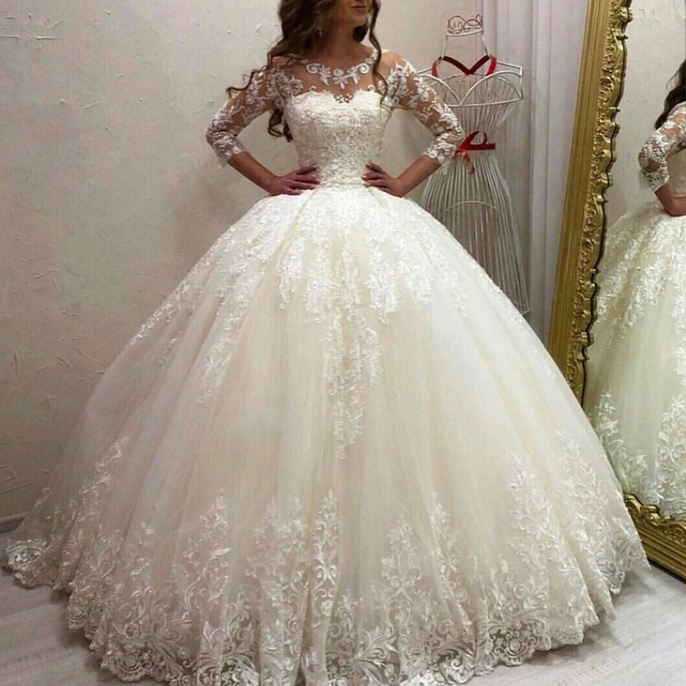 ball gown lace wedding dresses crew neckline long sleeve puffy bridal dresses vintage wedding gowns vestidos de noiva