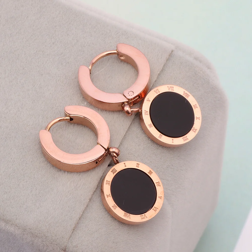 Hot Sale Brand Jewelry Rose Gold Color Drop Earrings Roman Numeral 316L Stainless Steel Earrings For Women Female Gift Bijoux E1
