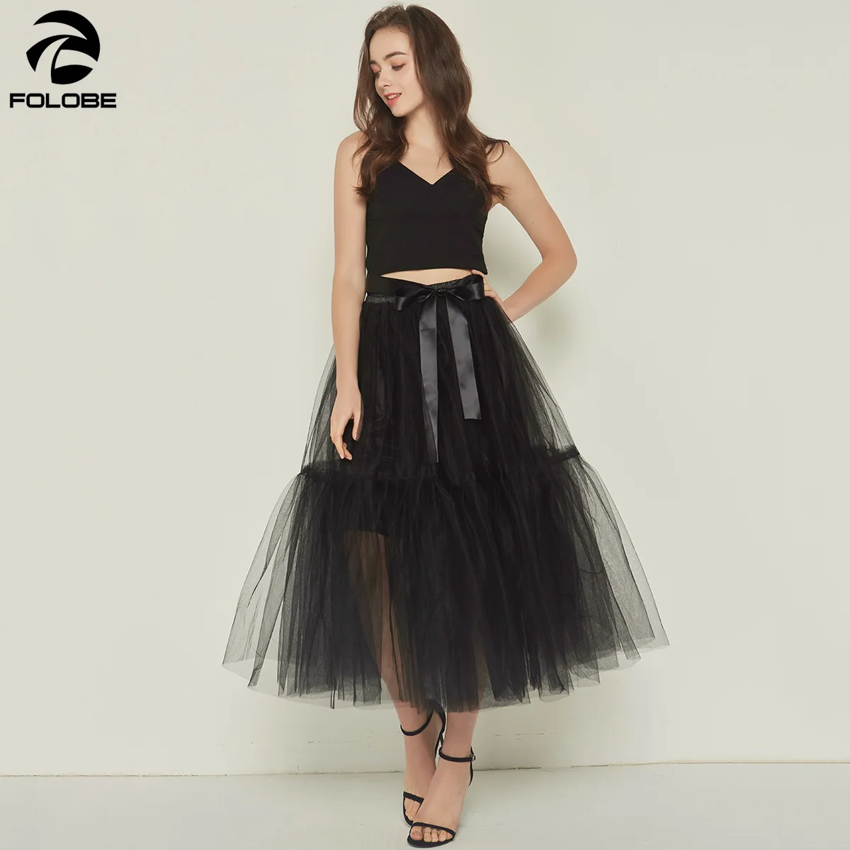 

FOLOBE 4 Layers Large Swing-shaped Tutu Skirt Tulle Skirt Pure Color Mesh Skirt Bow Belt Women's Multi-layer Mesh Skirt