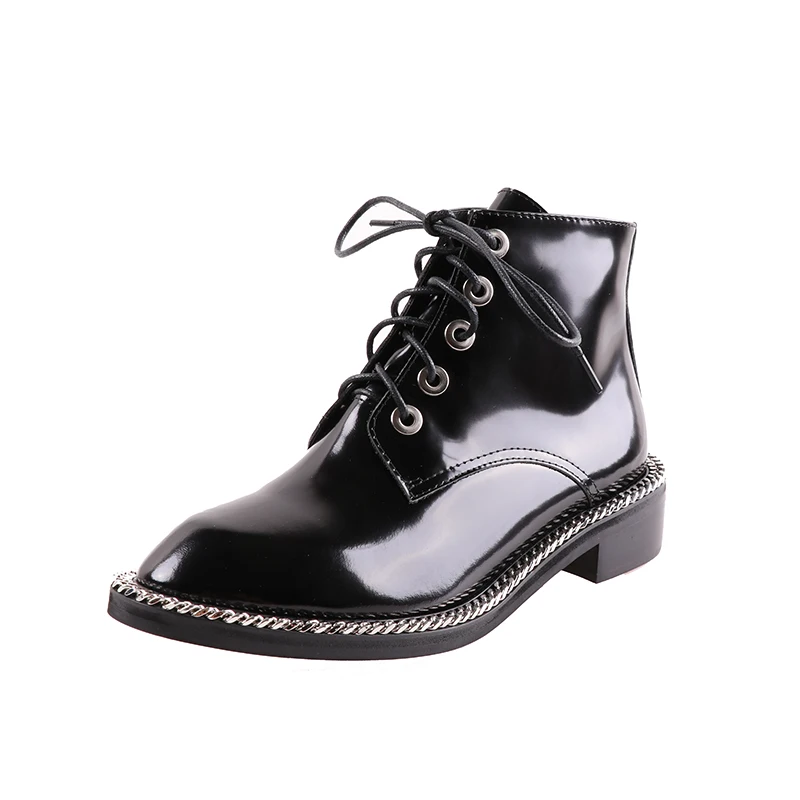 

2018 Shoes Woman Genuine Leather Black White Low-Heel Ankle Boots Round Toe Sliver Chains Decor Lace up Short Women Boots