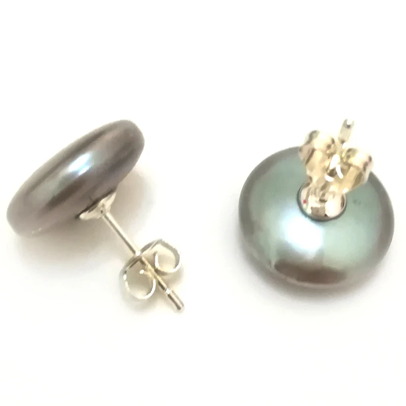 

13-15mm Silver Gray Natural Button Pearl 925 Sterling Silver Stud Earring