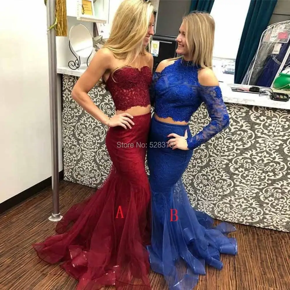 Ynqnfs PD79 Halter Off Shoulder Lange Mouwen Mermaid 2 Stuk Prom Royal Blue Partij Jassen Formele Jurk Bruidsmeisje Jurken 2018