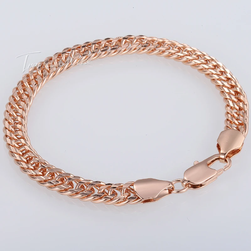 7mm Rombo 585 Rose Chain Yellow Gold Color Bracelet for Women Cut Double Curb Cuban Link 18-25cm GB294A