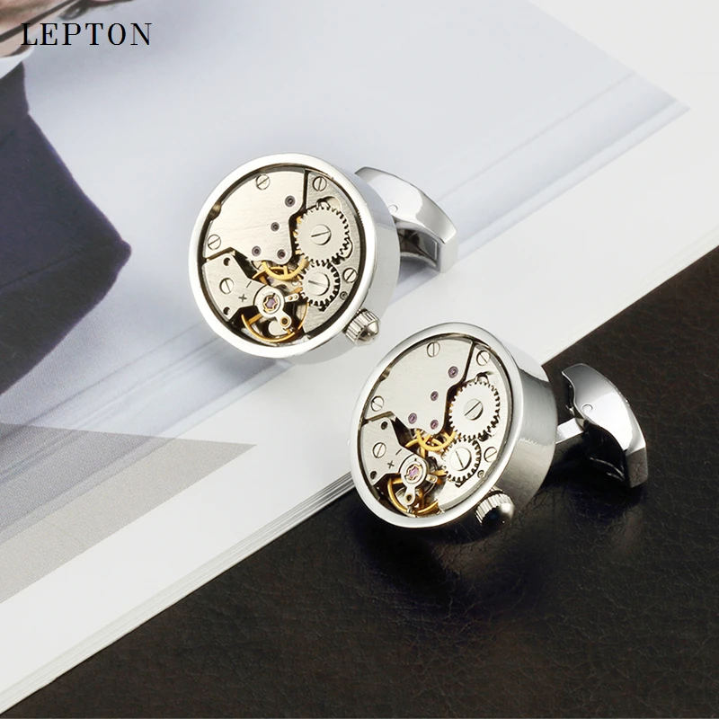 Newest Functional Watch Movement Cufflinks For Mens Stainless Steel Silver Color Steampunk Gear Watch Mechanism Cuff links