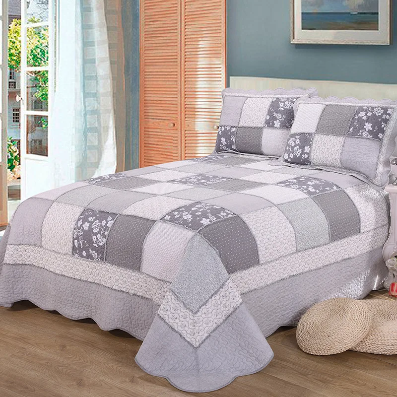 Quality Gray Patchwork Quilt Set 3PCS/4pcs Quilted Cotton Quilts Bed Covers Bedspread Duvet Cover King Size Bedding Coverlet