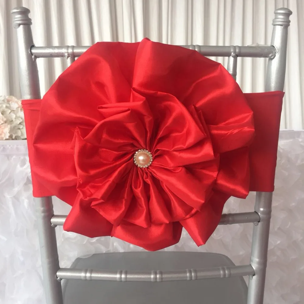 Hot Sale 100PCS  Red  Miracle Taffeta Big  Flower With Brooch Spandex Chair Band for Wedding Party