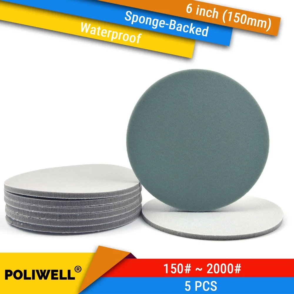 

5PCS 6 Inch(150mm) Sponge-Backed Hook&Loop Waterproof Sanding Discs Round Sanding Sponge for Rotary Tools Polishing Accessories