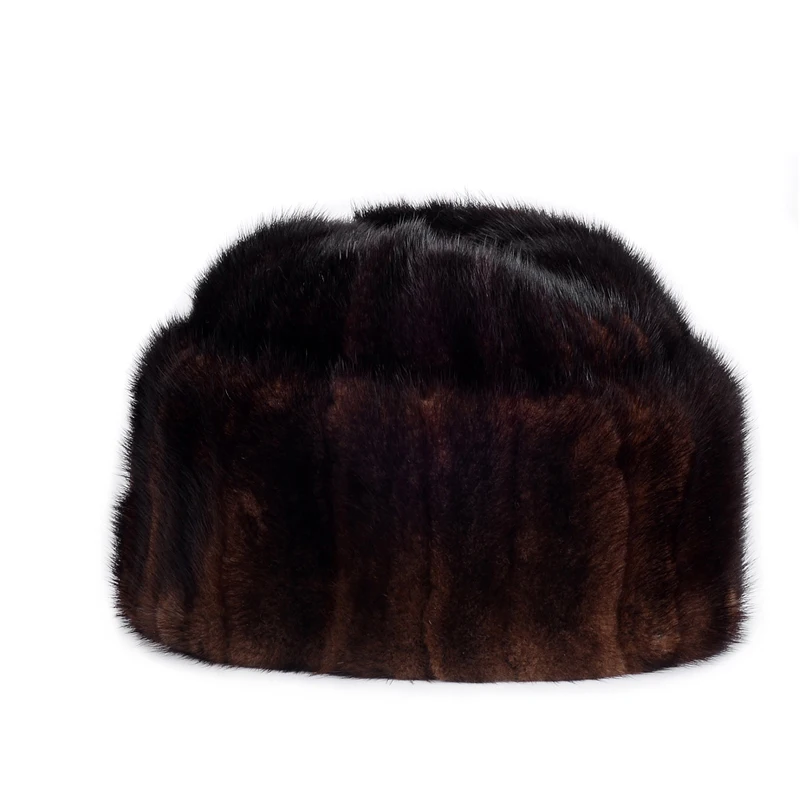 RY987 Winter Men Real Fur Mink Skin President Hats Old Dad Outdoor Head Warm Marten Patchwork Bonnet Black/Brown 56-61cm Beanies