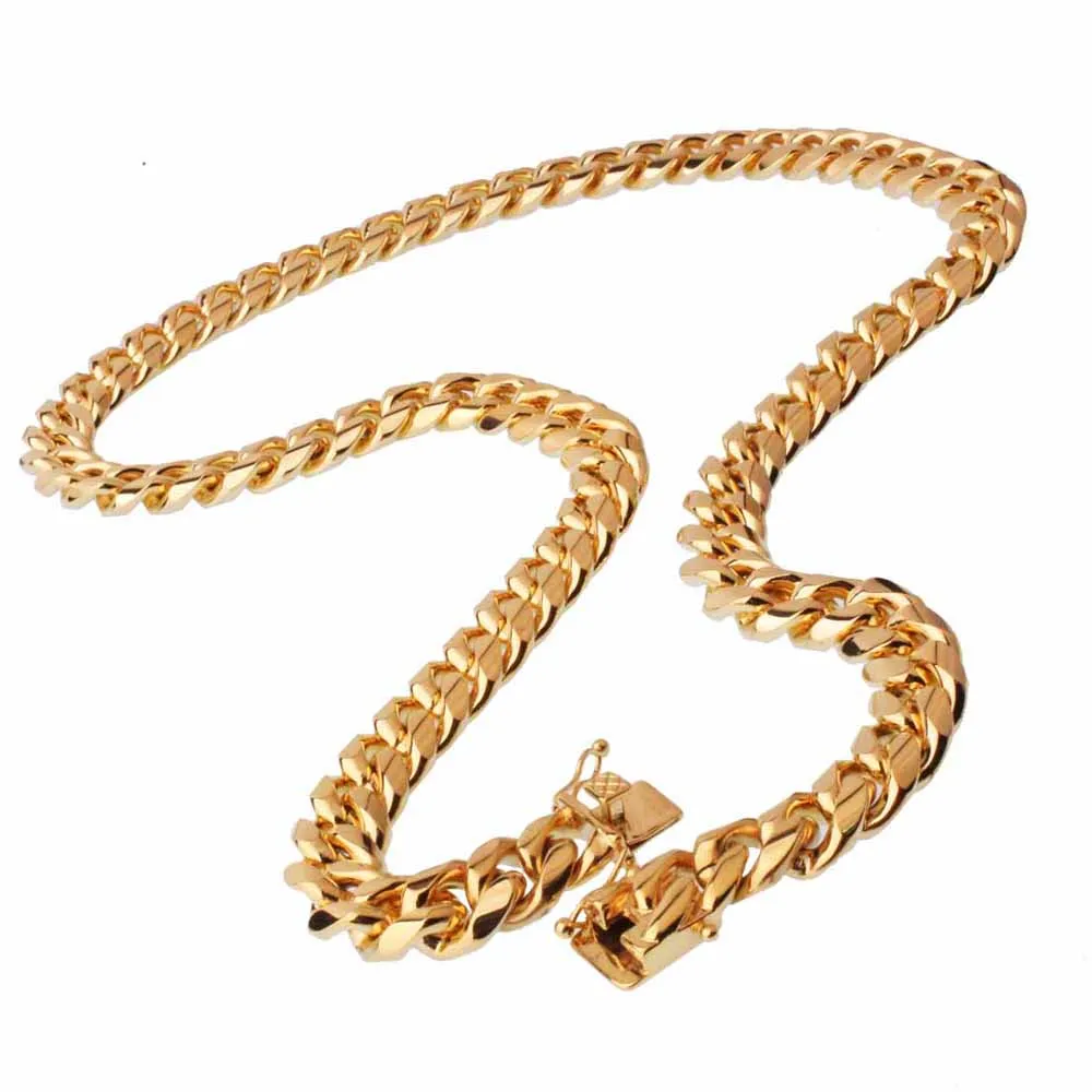 Hip Hop Stainless Steel Cuban Link Chain Men Necklace Golden Luxury Heavy Lock Jewelry 14mm 20/22/24/30/34/36inch Drop shopping