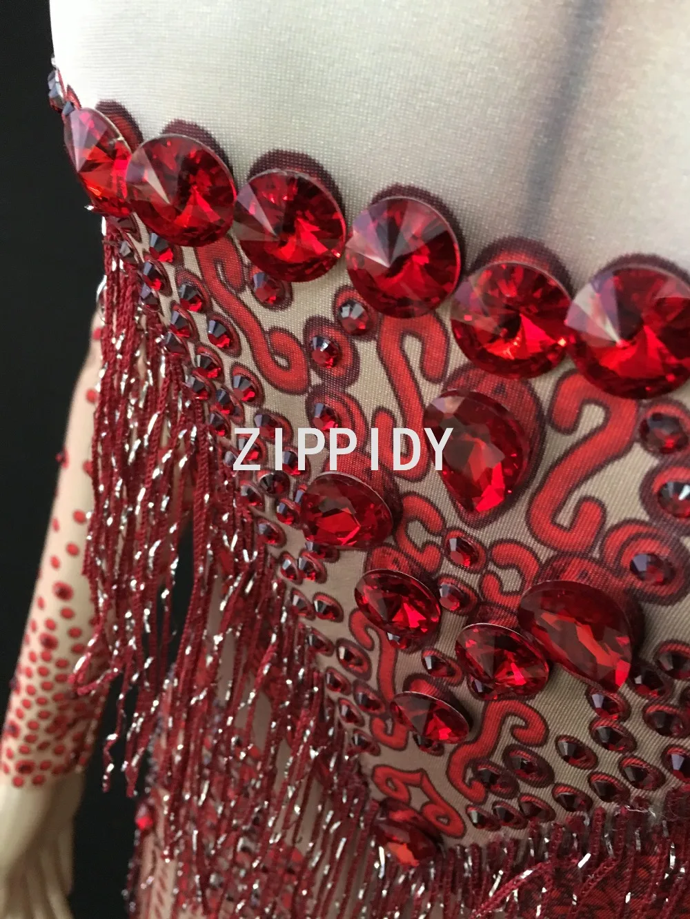 Traje elástico grande para mujer, traje de cantante con diamantes de imitación rojos brillantes, con borlas de licra, para fiesta de cumpleaños y baile