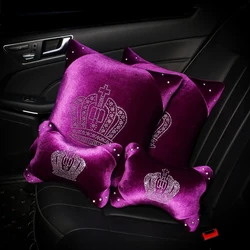 Purple Crystal Crown Car Seat Interior Accessories Short Plush Auto Neck Pillow and Waist Support Cushion Auto Decrotion