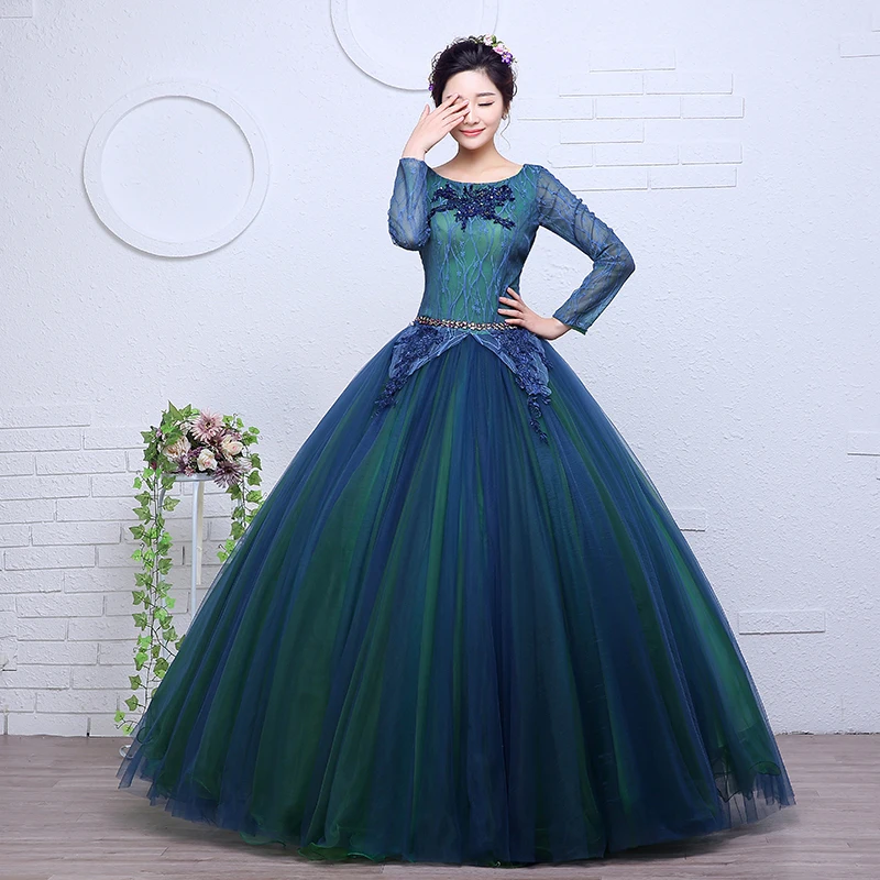 long sleeve lace embroidery beading court ball gown medieval dress Renaissance queen Victorian cosplay ball gown Belle Ball