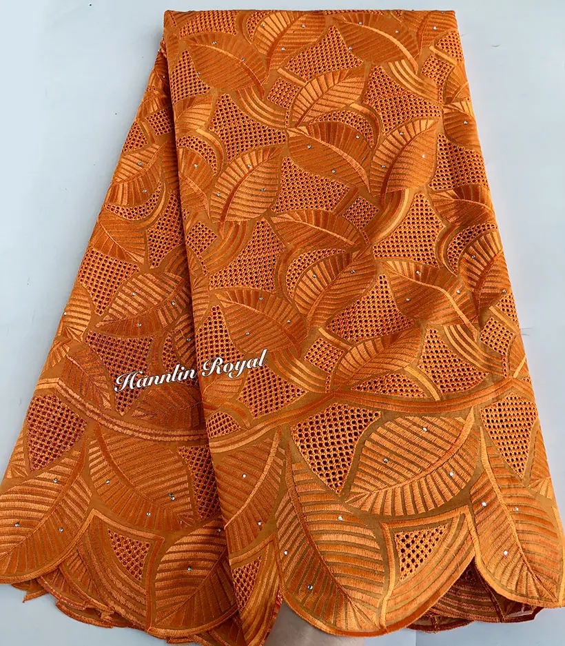 5 yards plain Orange Soft Genuine Swiss Lace High Quality African Eyelet Embroidery Voile Lace Fabric with stones