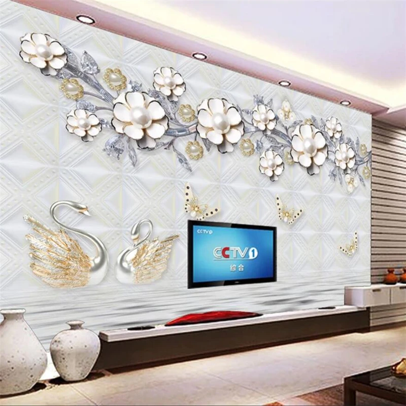 

Custom wallpaper 3d stereo photo mural luxury jewelry flower swan 5d stereo background wall papers home decor 3d papel de parede