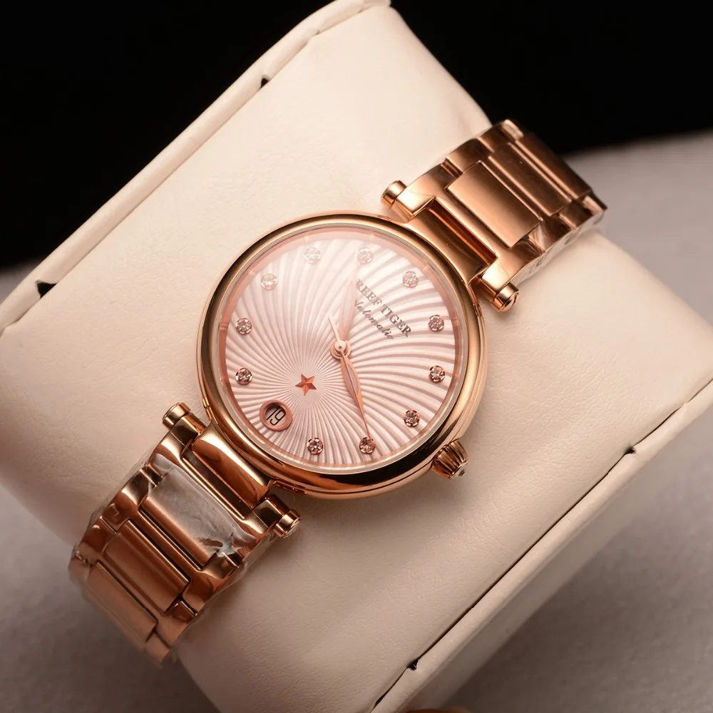 Reef Tiger/RT Top Brand Luxury Women Watch Rose Gold Ladies Diamond Bracelet Watches Date Relogio Feminino Gift RGA1590