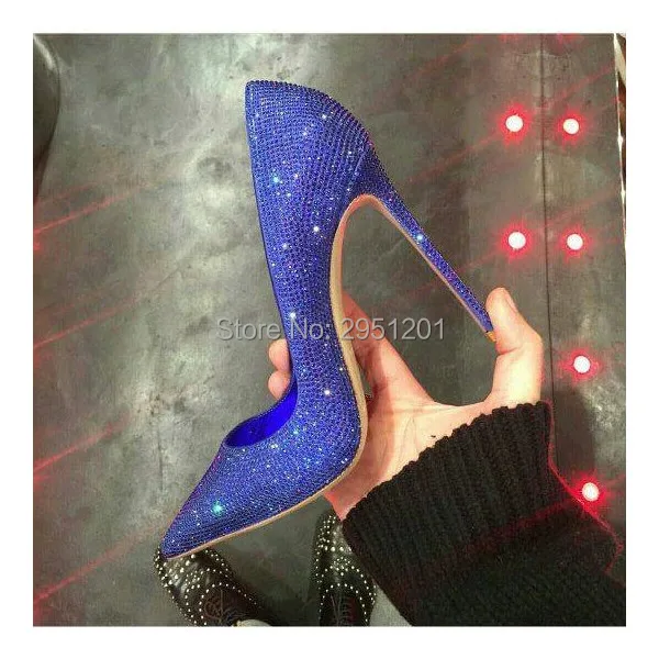 Sexy Women Pumps Royal Blue Heels Prom Shoes Sparkly Pointy Toe Stiletto Heel Pumps Bling Bling Wedding Heels