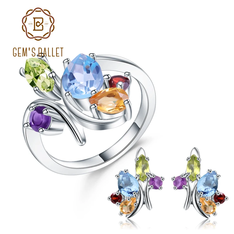 

GEM'S BALLET Multicolor Natural Garnet Amethyst Gemstone Topaz Ring Earrings Set 925 Sterling Silver Jewelry Sets For Women Fine