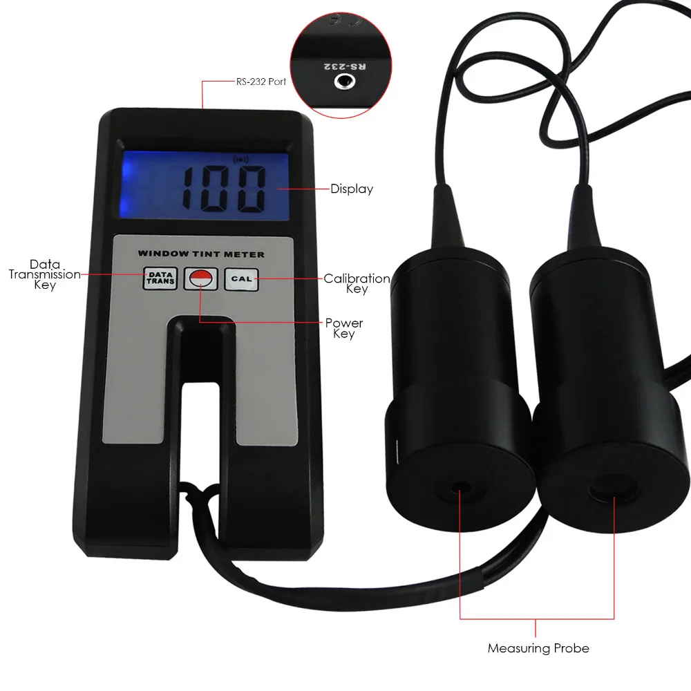 100% Range Glass Plastic Visual Light Transmission 18mm Thickness Continuous Measuring Digital Window Tint Meter with Sensor