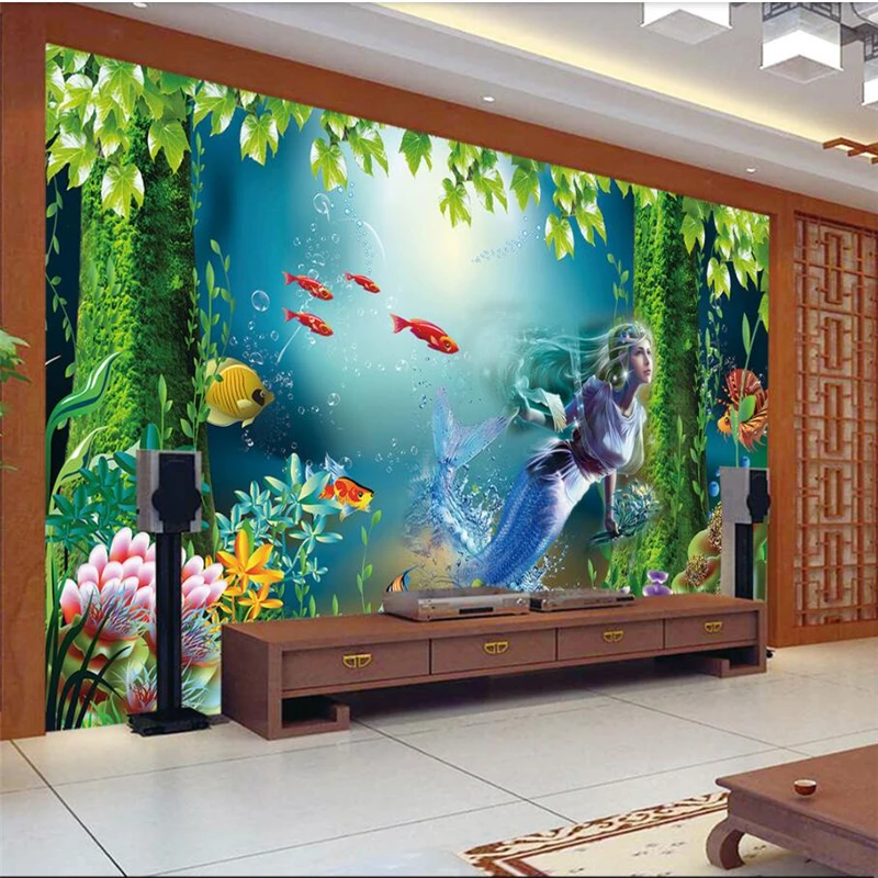 

wellyu Customized large mural green silk wallpaper underwater world mermaid 3D TV sofa background wallpaper Papel de parede