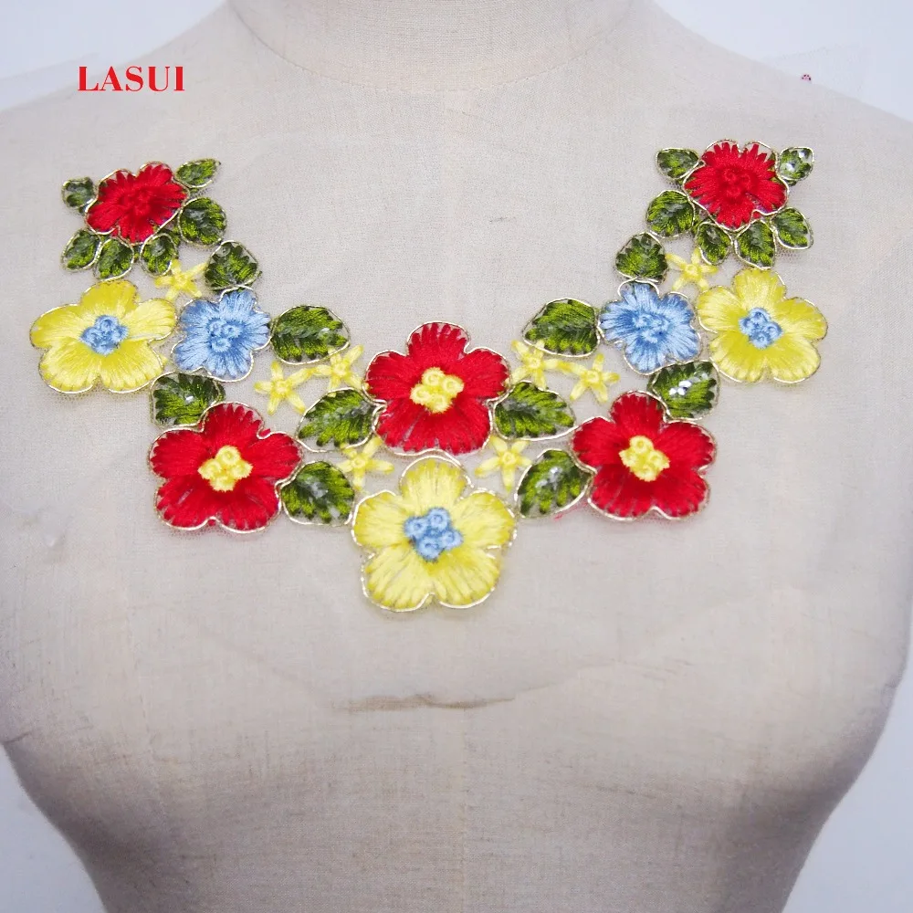 LASUI  unique product  21 cm* 14 cm=1 pcs Pretty  Color sequined cotton embroidery lace neck 3D flower lace  collar  0209