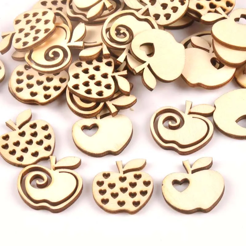 25pcs Mix Hollow Out Apple Pattern Wood Crafts For Home Decor DIY Accessories Handmade Scrapbook Wooden Ornament 25x28mm m1778