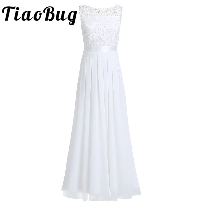 TiaoBug Womens Elegant Flower Floral Printed Sleeveless Bridesmaid Formal Prom Princess Wedding Party White Lace Dress