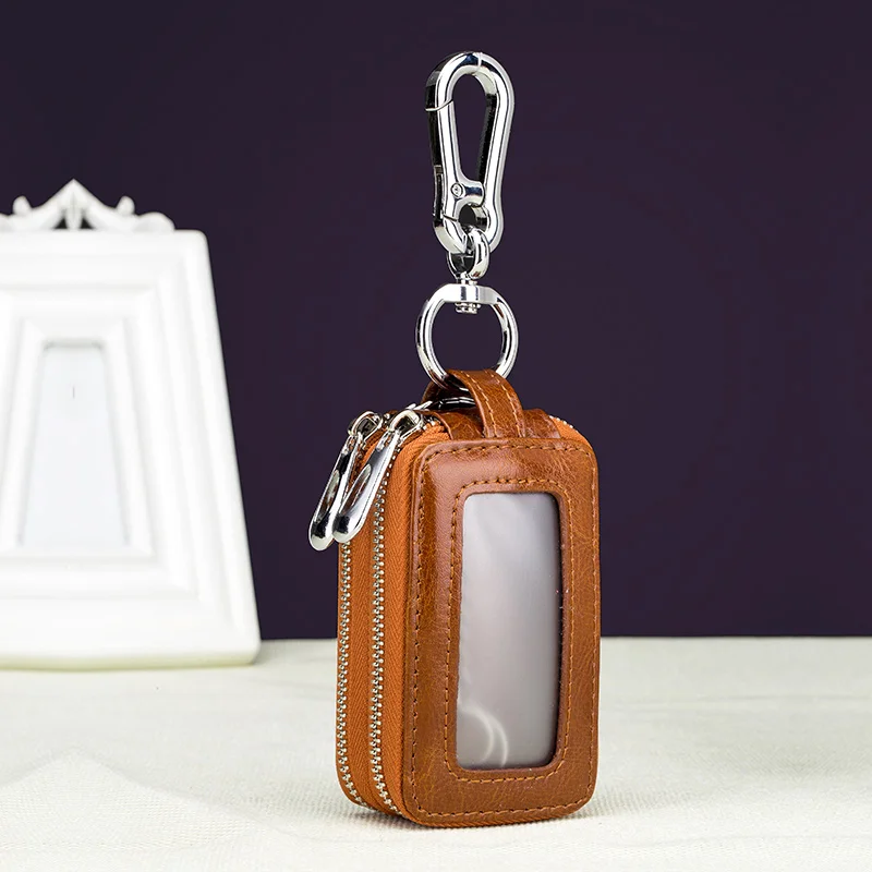 Genuine Cow Leather Home Car Keys' Bag Double Pocket Zipper Mini