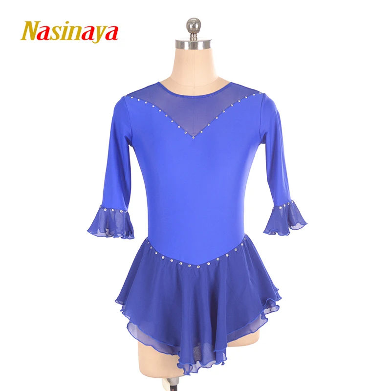 

Custom Figure Skating Dress Girl Blue Mid Sleeve Spandex Ballroom Dress Quality Competition Dress