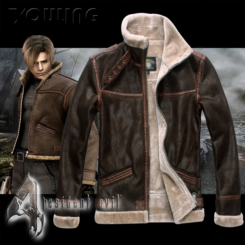 Biohazard Resident 4 Leon S Kennedy Evil Costume Leather Coat Jacket Cosplay PU Faur Jacket Long-sleeve Winter Outerwear Men Boy