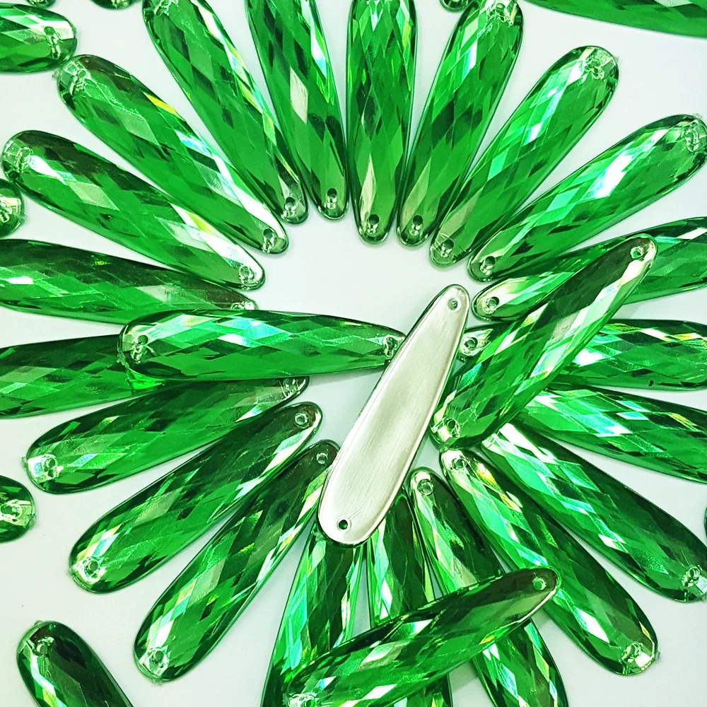 Vendita calda Bling 9x36mm cucire su fai da te goccia verde gemme acriliche pietre e cristalli cucito strass strass per abito corsetto Couture