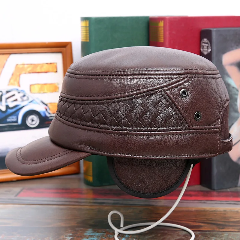 Men's Leather Visor Hat Autumn Winter Warm Casual High Quality Ear Guard Cowhide Woven Cap Male Flat Top Fashion Hats H7012