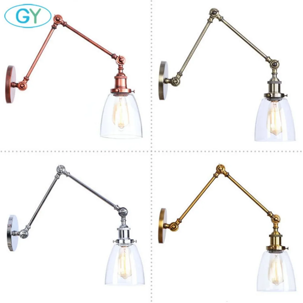 Modern Industrial Glass Wall Sconce Edison Vintage Style Hardwired Swing Arm Wall Light Art Deco Brass Brown Chrome Lamp Fixture