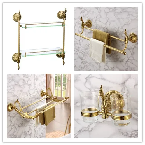 Luxury gold 4-Piece Bathroom Hardware Accessory Set brass 650mm golden Towel bar towel rack bathroom shelf Toothbrush cup Holder