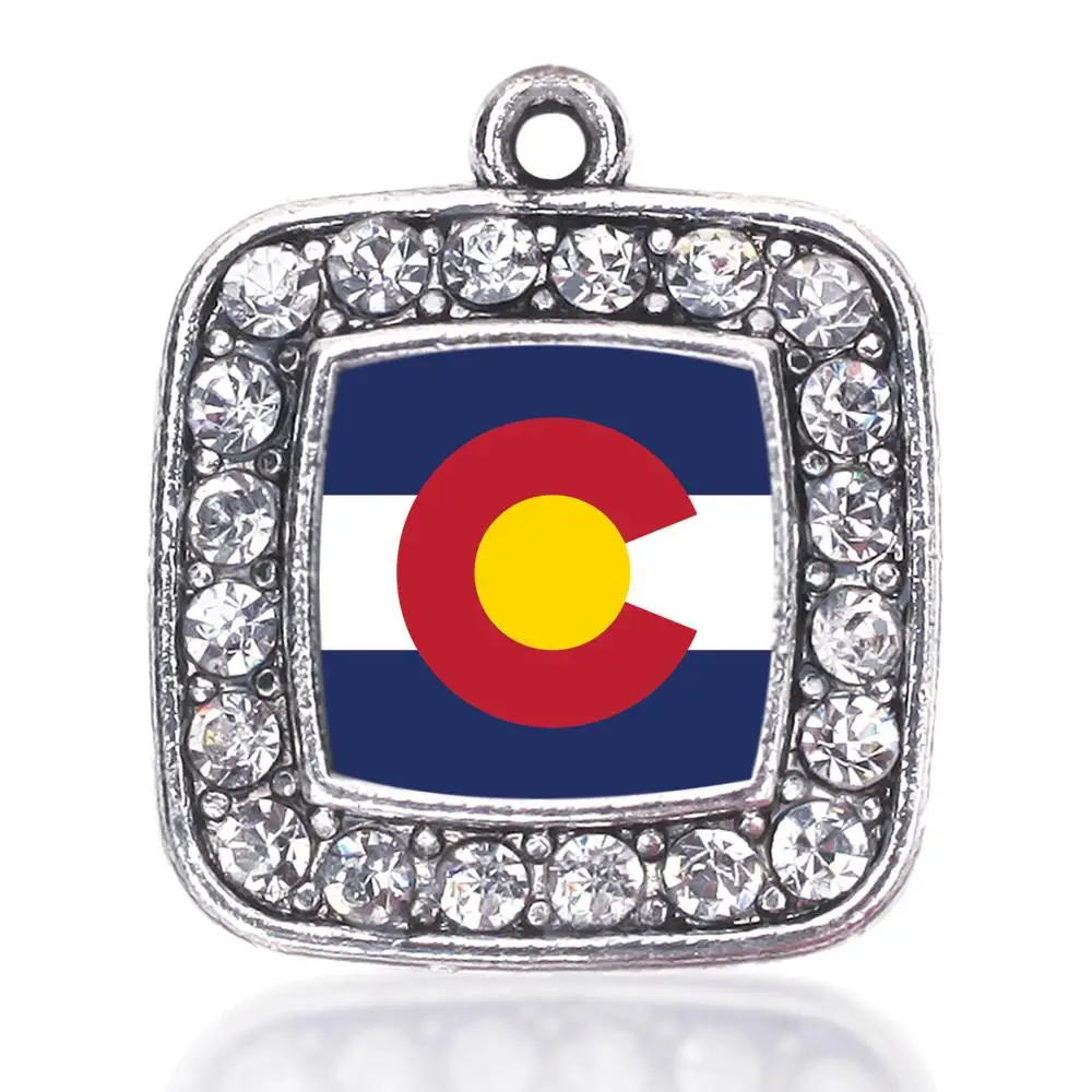 COLORADO FLAG SQUARE CHARM  ANTIQUE SILVER PLATED CRYSTAL JEWELRY