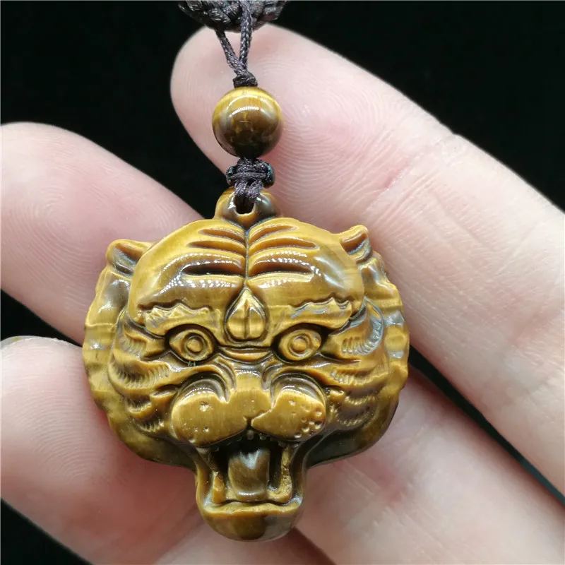 Wholesales 100% Natural Tiger's Eye Gem Hand Carved Tiger Head Pendant + free Necklace Gold Lucky Pendant Fine Jewelry