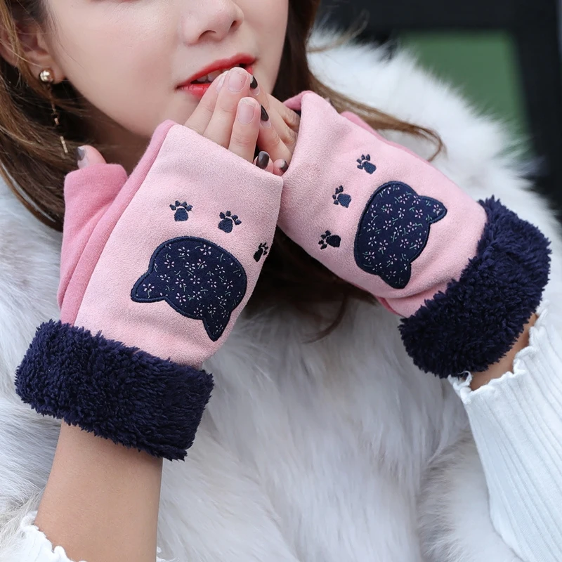 Lady Warm Cashmere Gloves Girls Autumn and Winter Warm Mittens Students Half Finger Plus Velvet Luva Padded Gloves B-9305