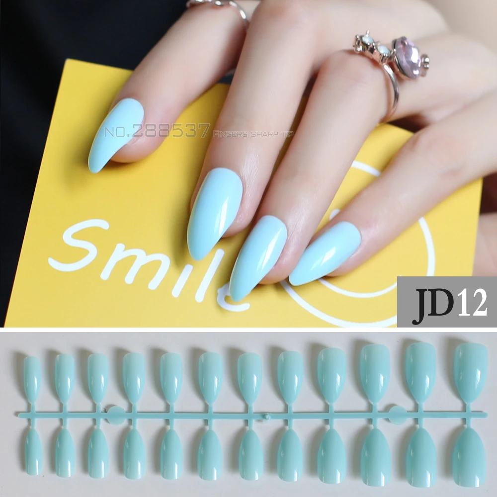 Baby Blue Full Nail Tips Comfortable Artificial nails Pointed Stiletto 24pcs mountain Pure colour False nails JD012