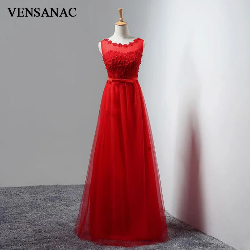 

VENSANAC 2018 O Neck Flowers Bow Sash Long A Line Evening Dresses Elegant Lace Tank Beadings Tulle Party Prom Gowns