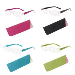 Unisex Lightweight Clear Fashion Rimless Reading Glasses 1.00-4.00 Diopter Eyewear With Leather Case