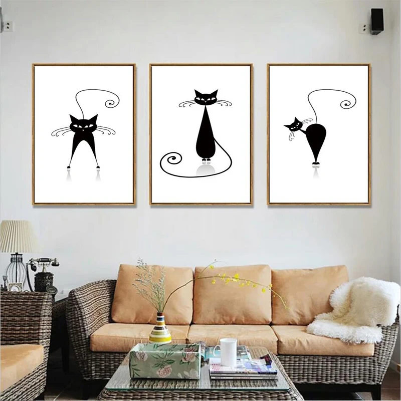 Black and White Minimalist Cat Posters and Prints Canvas Painting Scandinavian Nordic Style Modern Nursery Kids Room Home Decor