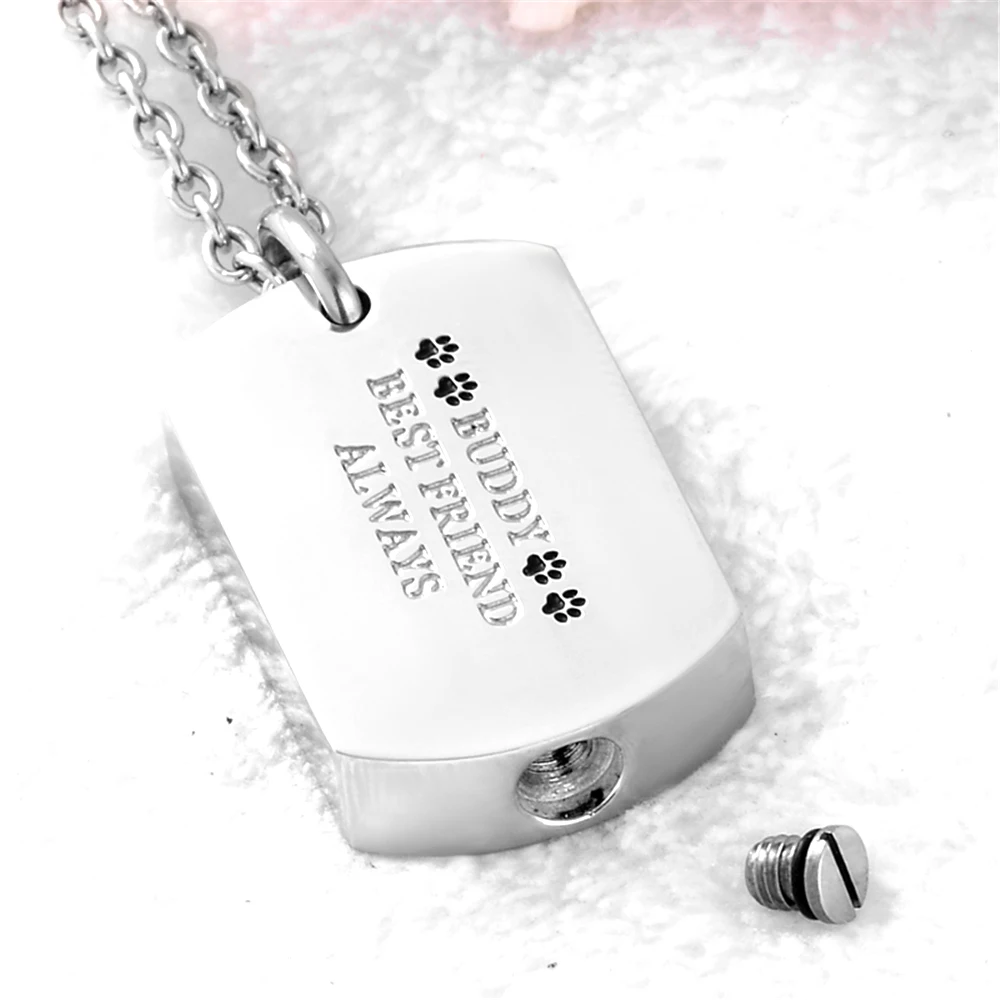 BUDDY BEST FRIEND ALWAYS Cremation Urn Necklace Memorial Cube Shape Ashes Keepsake Stainless steel Urn Locket Pendant