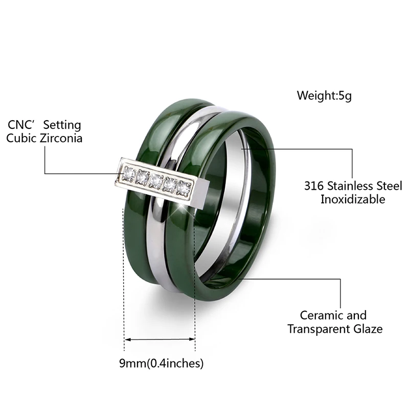 ラインストーン付きステンレススチールリング,トレンディなグリーンイエローセラミックリング,フェードファッションジュエリー,新しい