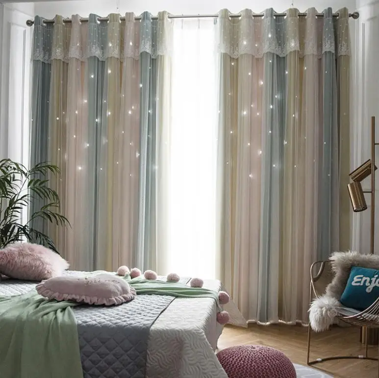 INS Nordic Tulle+Black Out Striped Double Curtain with StarTassel Lace Voile Sheer curtains for Living Room Bedroom Shade Drapes