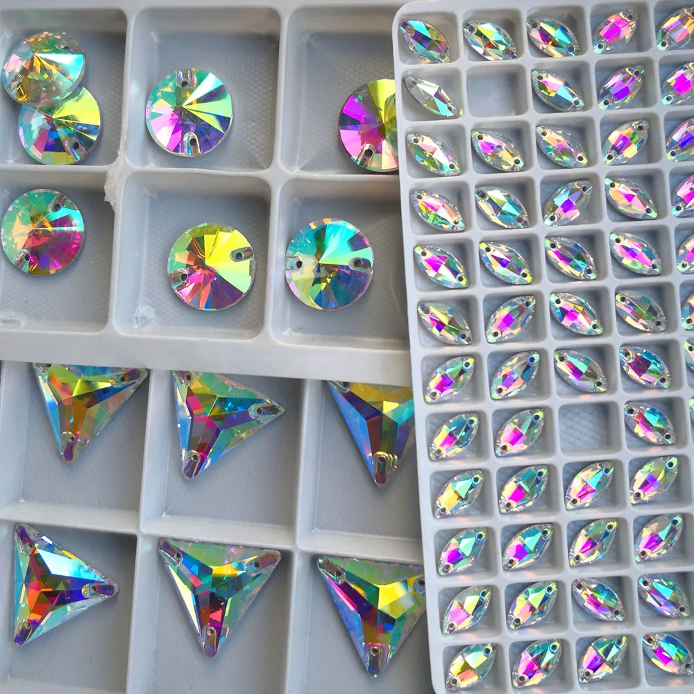 Crystal AB Aufnähbare Strasssteine mit Flacher Rückseite in Verschiedenen Größen und Formen für Kleidung, Kleider, Handarbeiten und Näharbeiten – Detail 9