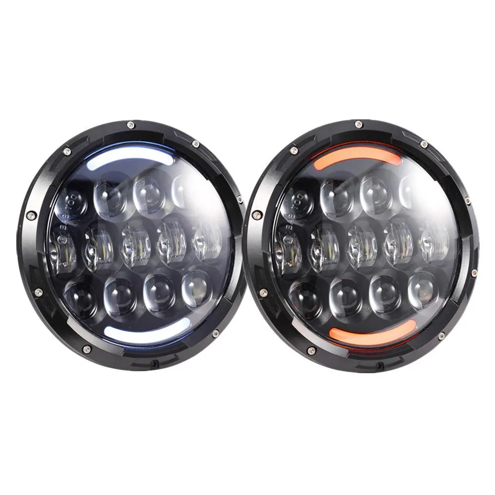 1pair 7 Inch Round H4 H13 LED Headlights White Halo Ring Angel Eyes+Amber Turning Signal Lights For Wrangler