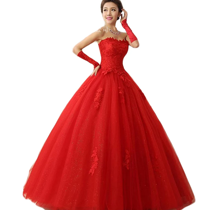 

Vestido Novia 2016 Red Bride Dresses Strapless Lace Up XS-XXL Luxury Wedding Dresses Lace Up Trouwjurk Long To The Floor CK56