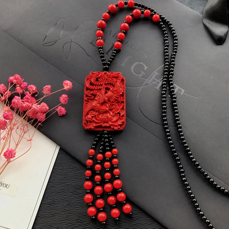 Red Cinnabar Carved Guangong Lucky Pendants Vintage necklace Fashion Jewelry