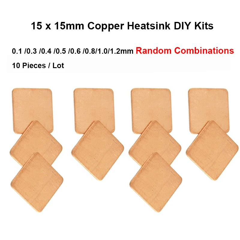 10pcs 15x15x0.1/0.3/0.4/0.5/0.6/0.8/1.0/1.2mm Random Combinations DIY Copper Heatsink thermal Pad,Laptop CPU VGA Chip RAM Cooler